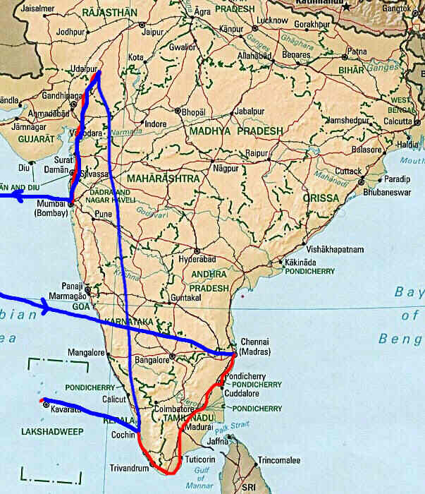 Our route round South India and up to Udaipur