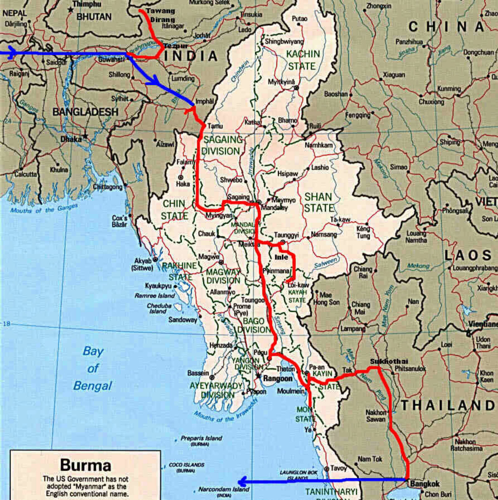 Our route across Burma from India to Thailand