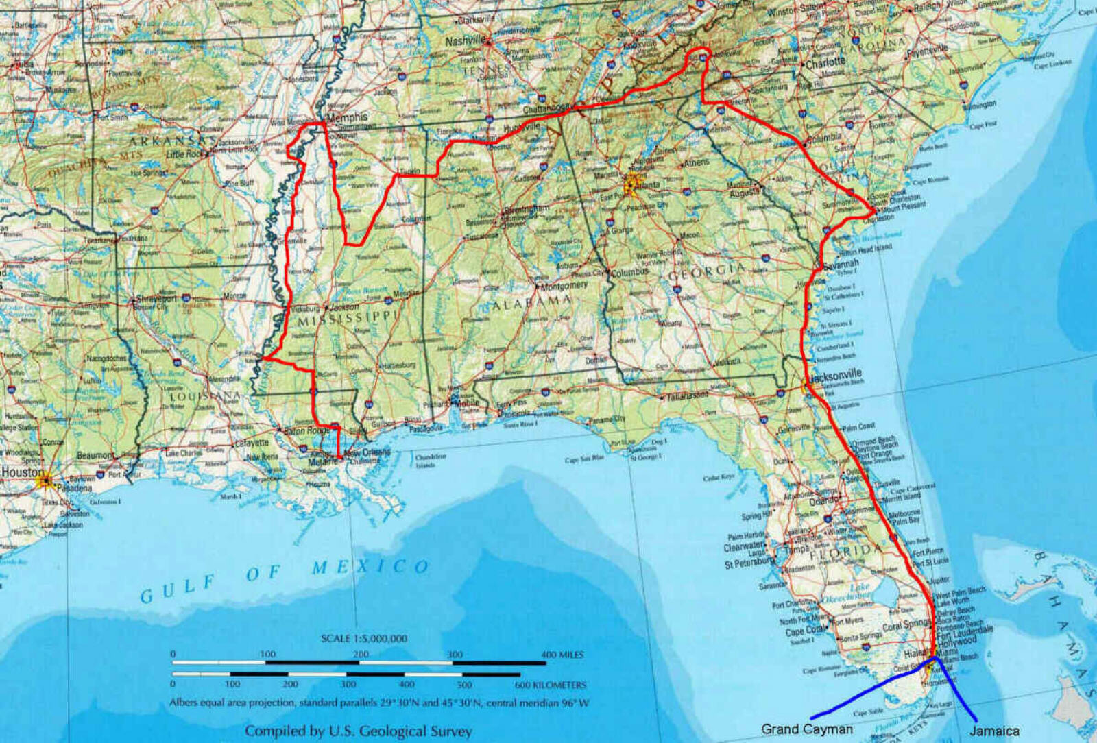 Map of our journey through the southern USA