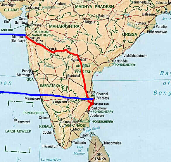 Our route across India from Bombay to Pondicherry