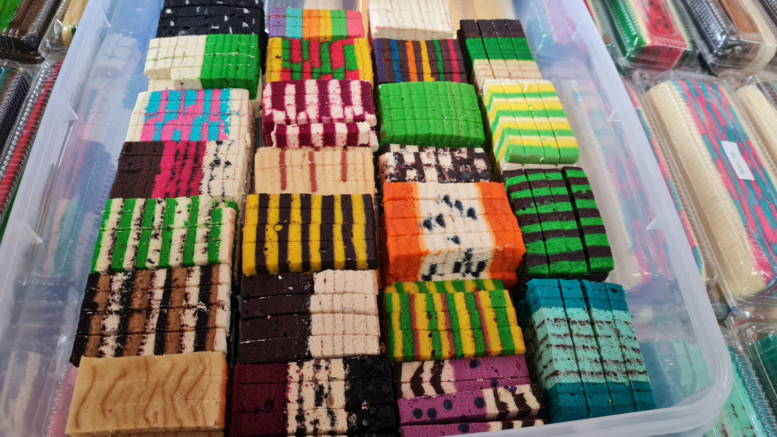 Colourful cakes in the market in Sibu, Sarawak, Borneo