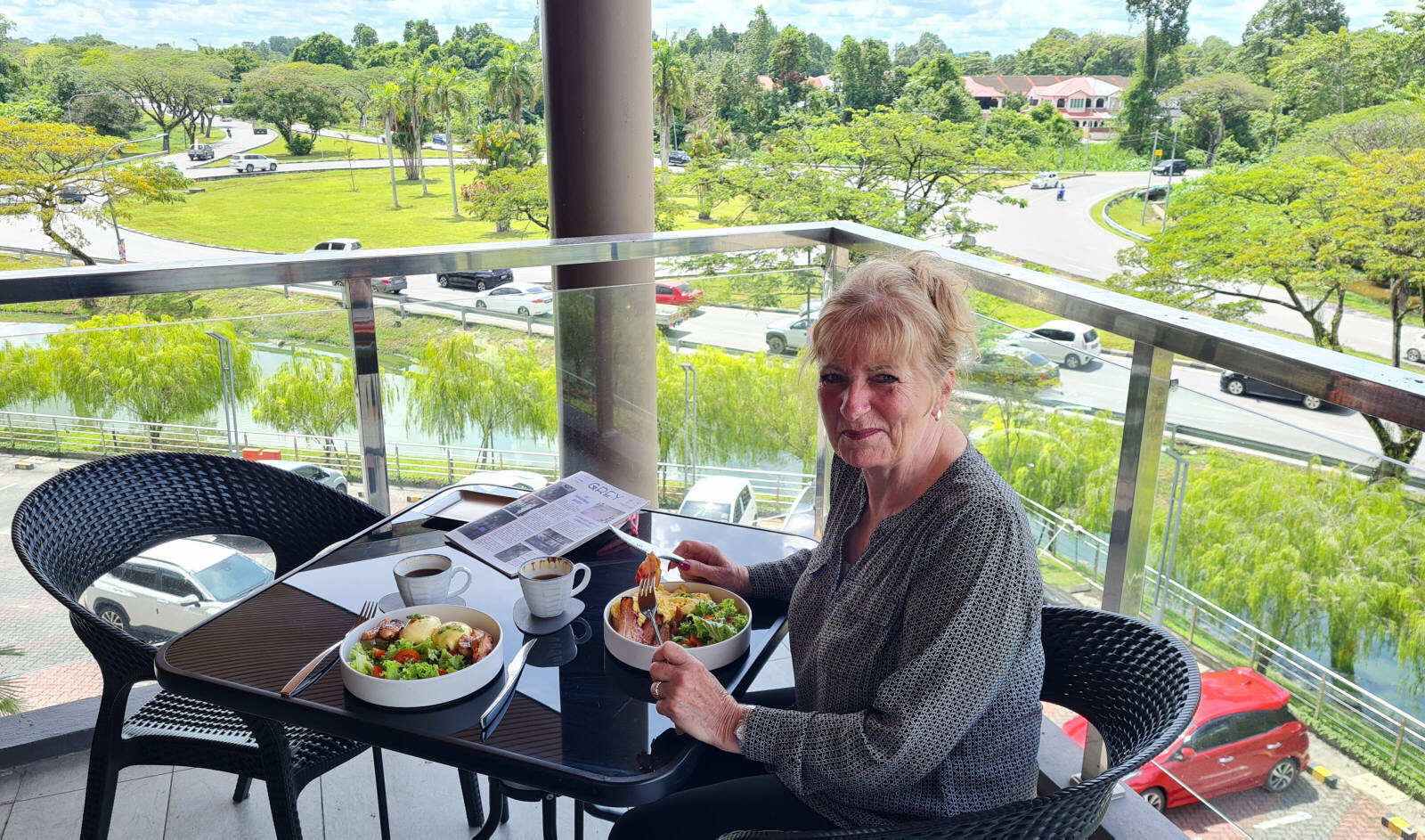 Breakfast on the balcony at Grey's cafe in Sibu, Sarawak