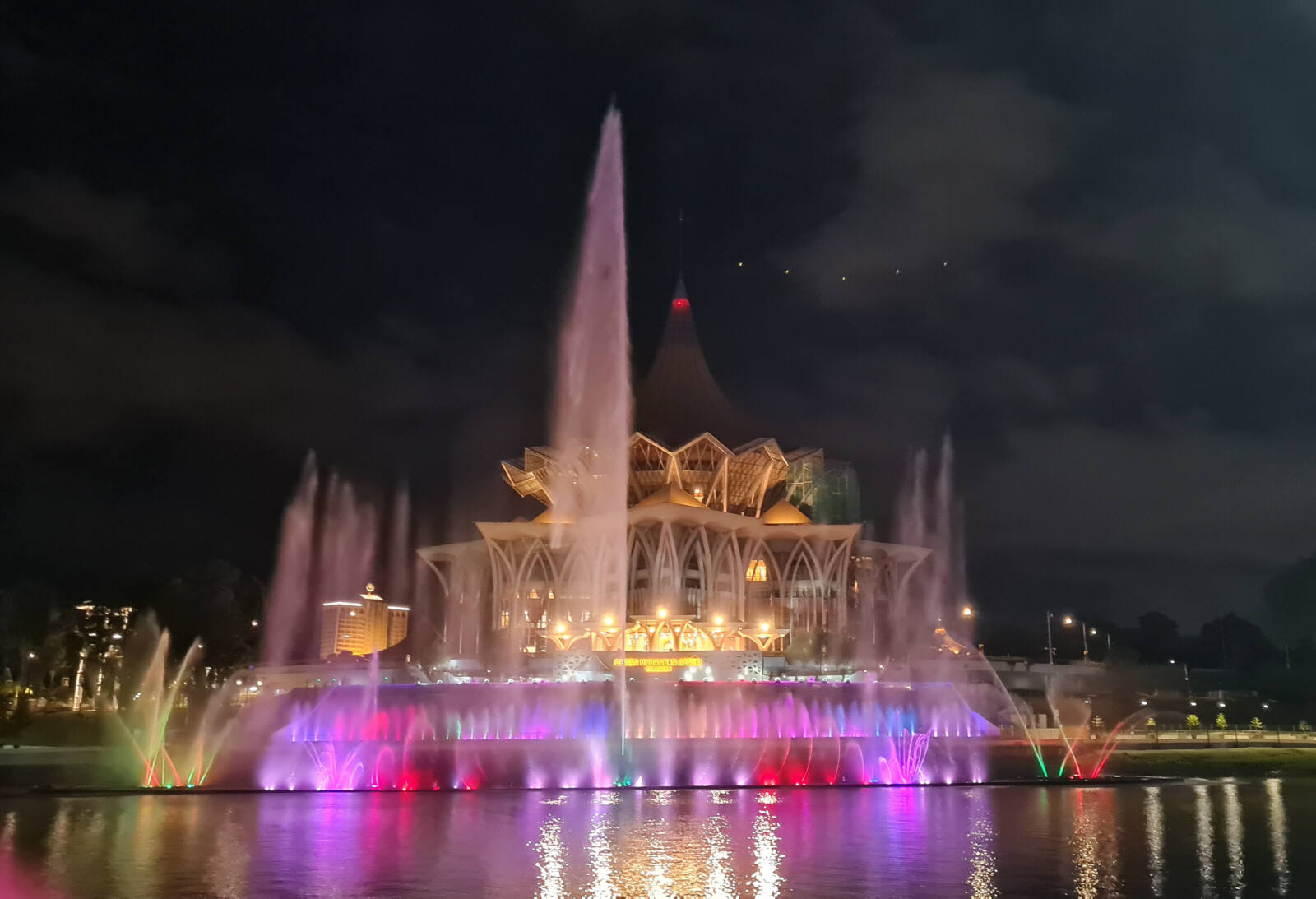 Evening light show by the river in Kuching, Sarawak, Borneo