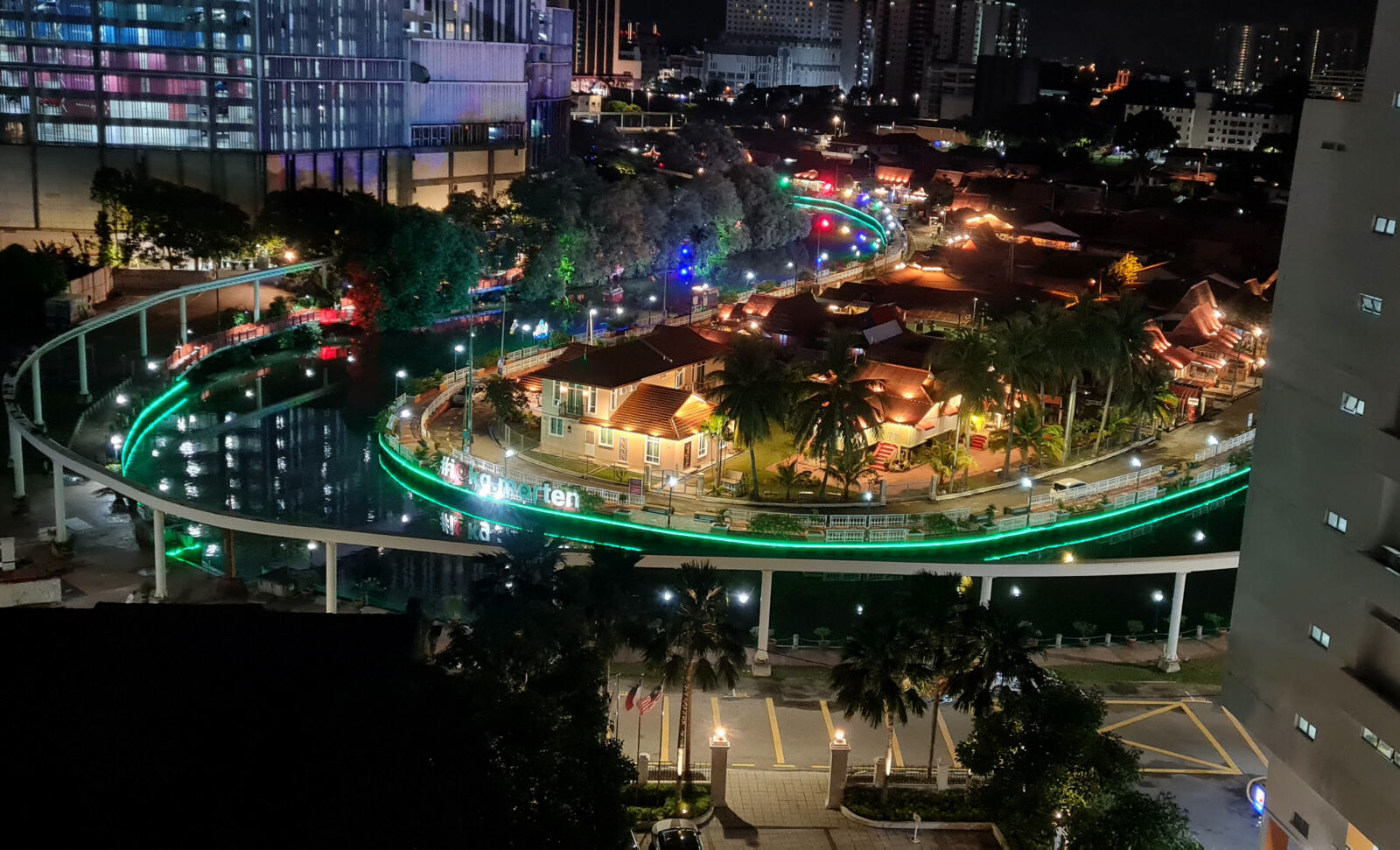 Kampong Morten village in Malacca, illuminated at night