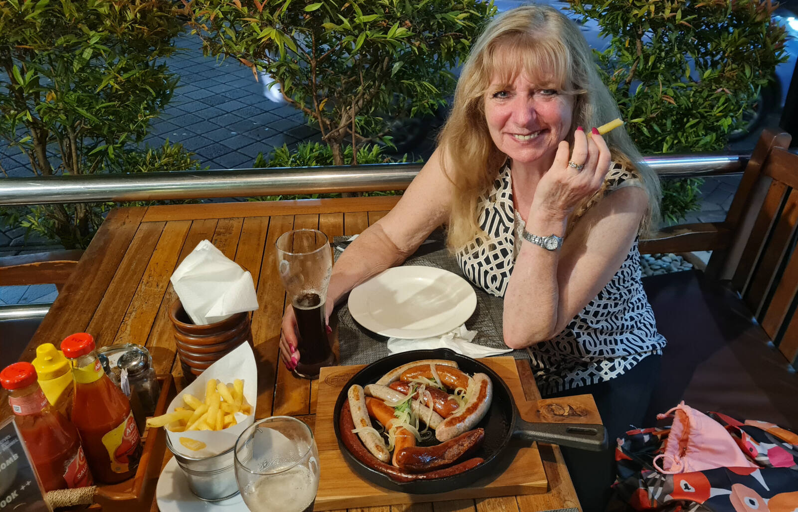 Sizling plate of sausages in Mama's German restaurant in Bali