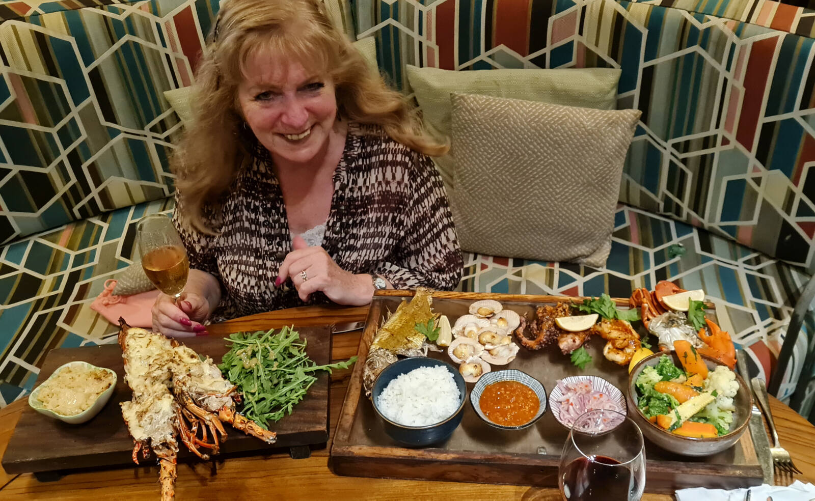 Lobster and seafood platter at Azul restaurant in Legian, Bali