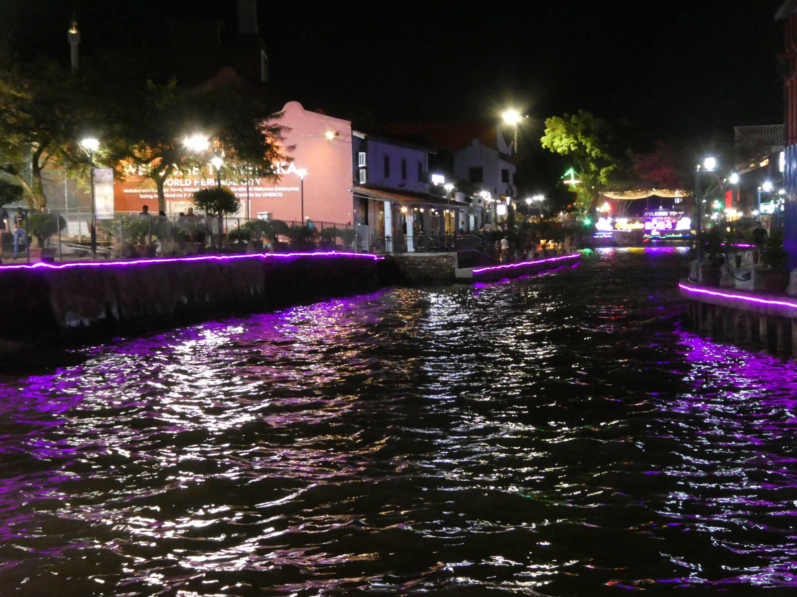 The Malacca river illuminated at night