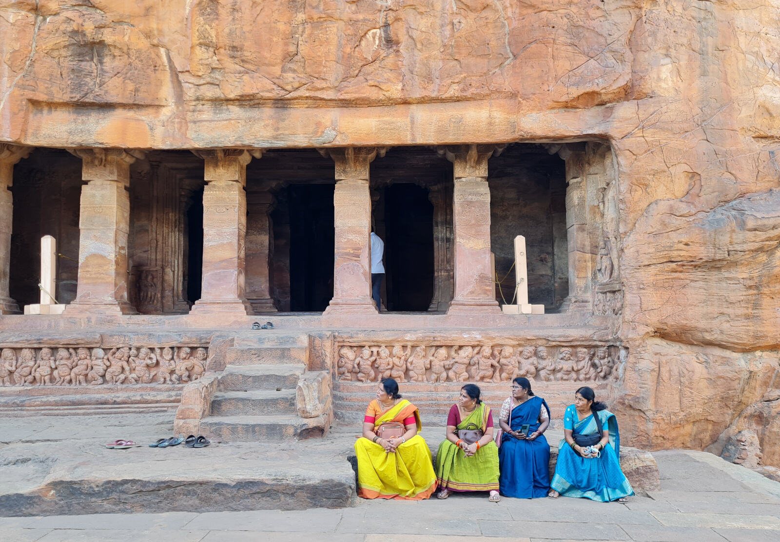Outside one of the Buddhist caves at Badami, India Outside one of the Buddhist caves at Badami, India