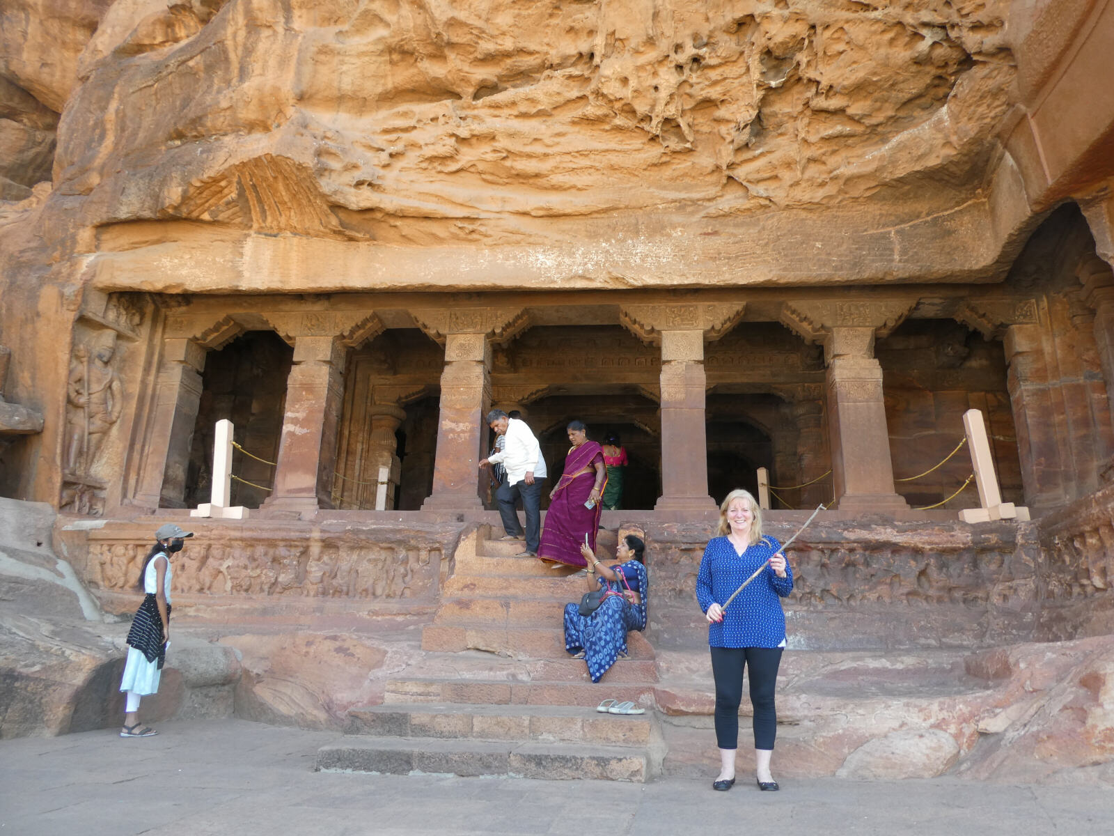 Visiting the caves at Badami, India, armed with a monkey-deterrent stick Visiting the caves at Badami, India, armed with a monkey-deterrent stick