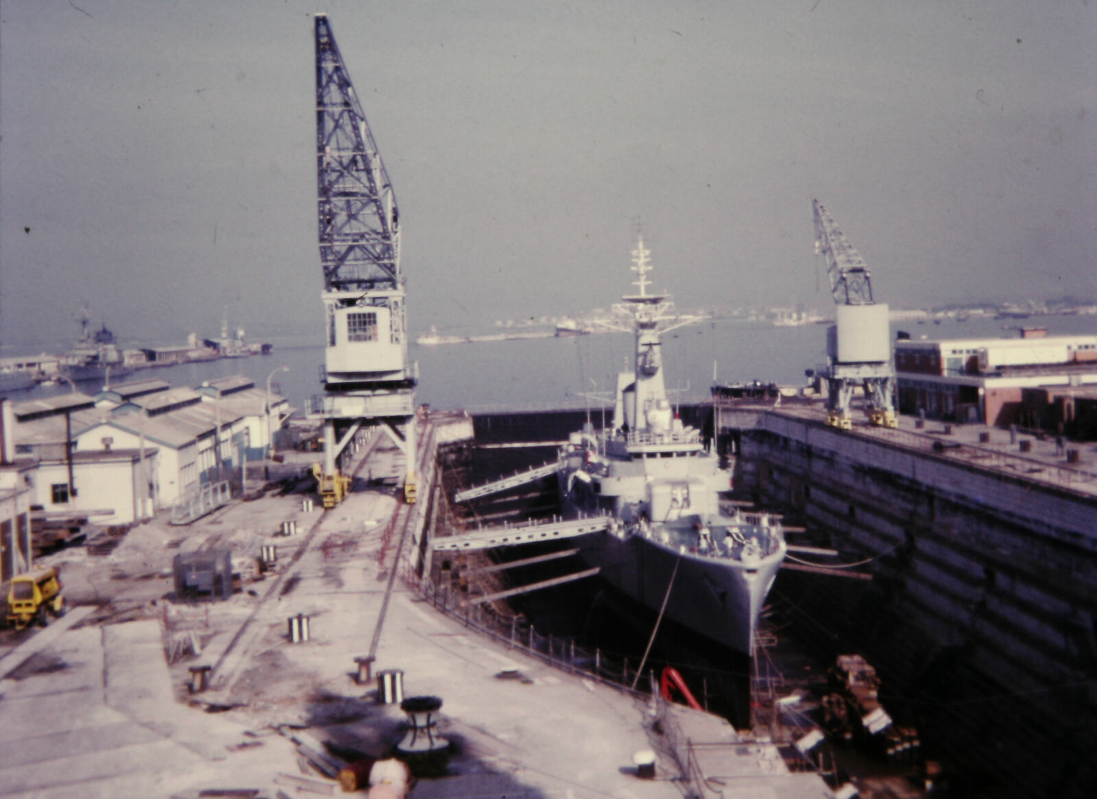 A ship in dry dock in Gibraltar shipyard in 1971