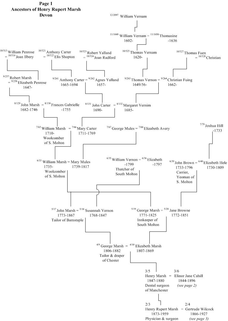 Marsh family tree page 1, Marsh of Devon ancestors