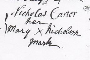 Nicholas Carter's signature on the marriage register in 1765