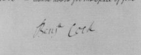 Benjamin Cock's signature in 1765