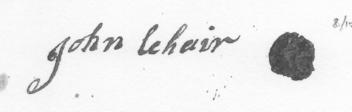 John Lehair's signature on his marriage bond in 1730